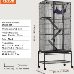 VEVOR 69" Rolling Metal Ferret Cage, Large 4-Tier  Cage, Small Animal Cage with Ramps & Tray, Easy to Set up for Pet Rats, Hamster, Guinea Pig, Chinchilla, Squirrel, Hedgehogs, Bunny
