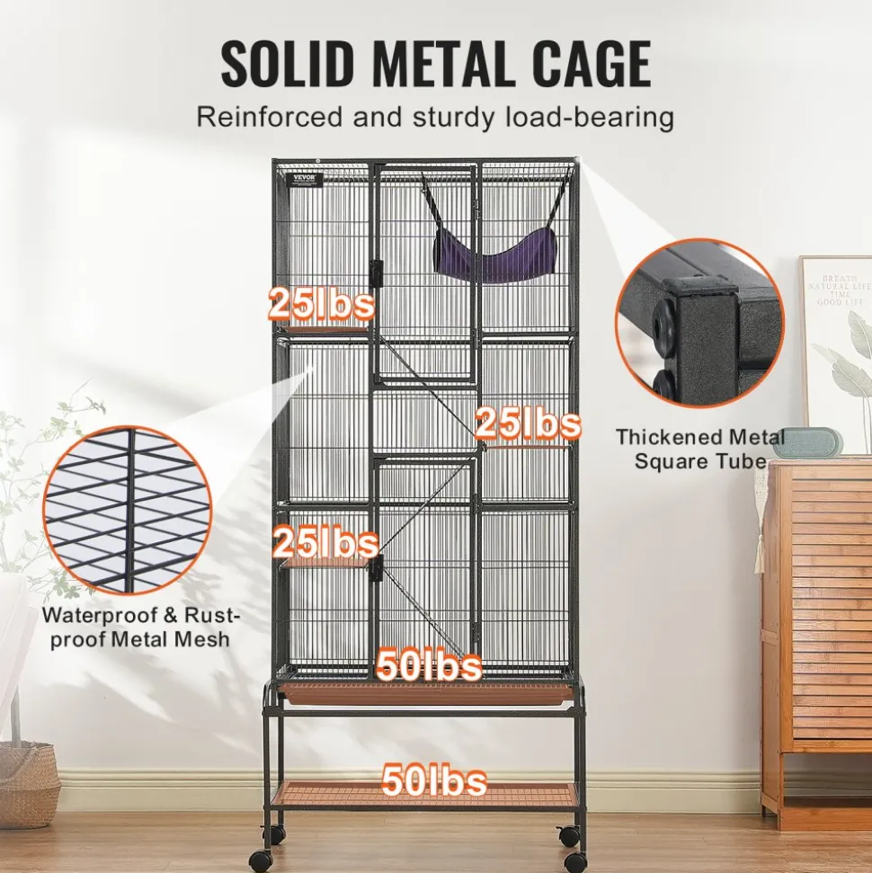 VEVOR 69" Rolling Metal Ferret Cage, Large 4-Tier Cage, Small Animal Cage with Ramps & Tray, Easy to Set up for Pet Rats, Hamster, Guinea Pig, Chinchilla, Squirrel, Hedgehogs, Bunny