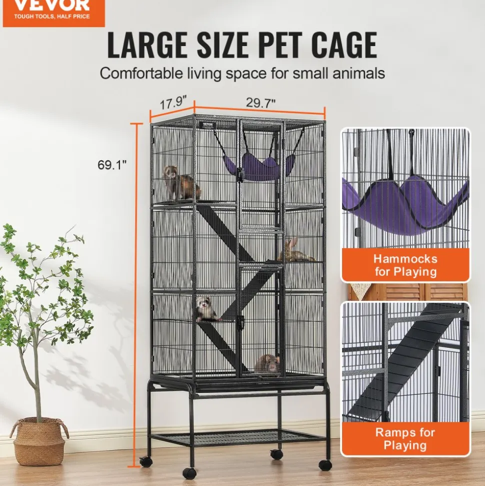 VEVOR 69" Rolling Metal Ferret Cage, Large 4-Tier Cage, Small Animal Cage with Ramps & Tray, Easy to Set up for Pet Rats, Hamster, Guinea Pig, Chinchilla, Squirrel, Hedgehogs, Bunny