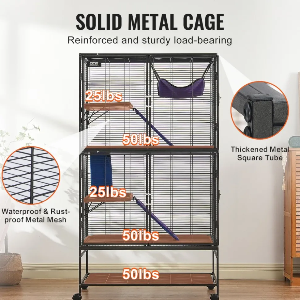VEVOR 64.6" Rolling Metal Ferret Cage, Large 4-Tier Cage, Small Animal Cage with Ramps & Tray, Easy to Set up for Pet Rats, Hamster, Guinea Pig, Chinchilla, Squirrel, Hedgehogs, Bunny
