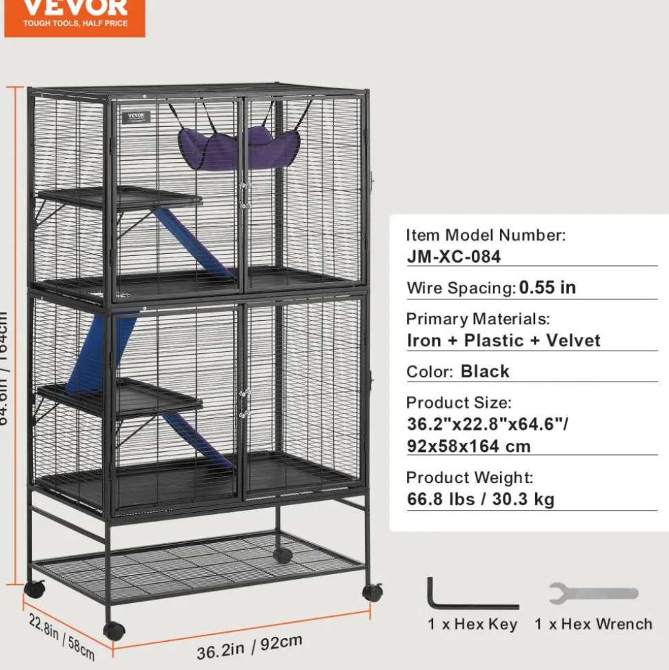 VEVOR 64.6" Rolling Metal Ferret Cage, Large 4-Tier Cage, Small Animal Cage with Ramps & Tray, Easy to Set up for Pet Rats, Hamster, Guinea Pig, Chinchilla, Squirrel, Hedgehogs, Bunny