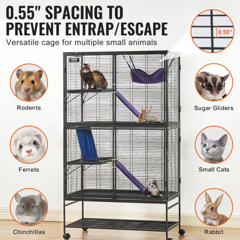 VEVOR 64.6" Rolling Metal Ferret Cage, Large 4-Tier Cage, Small Animal Cage with Ramps & Tray, Easy to Set up for Pet Rats, Hamster, Guinea Pig, Chinchilla, Squirrel, Hedgehogs, Bunny