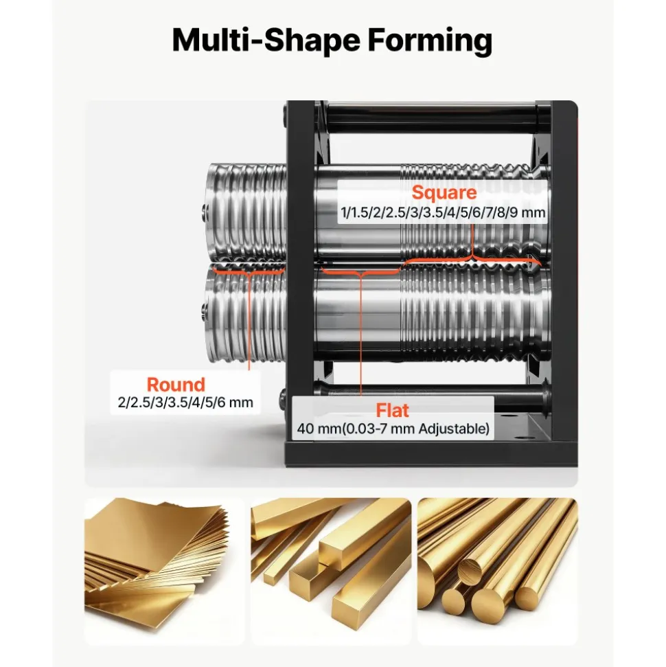 VEVOR Rolling Mill 3-in-1 Round Flat Square Pressing Roller Mill Machine, Manual Jewelry DIY Tool, 0.03-7 mm Adjustable Thickness, Stable & Even Rolling, for Ductile Metals, Gold, Silver, Copper