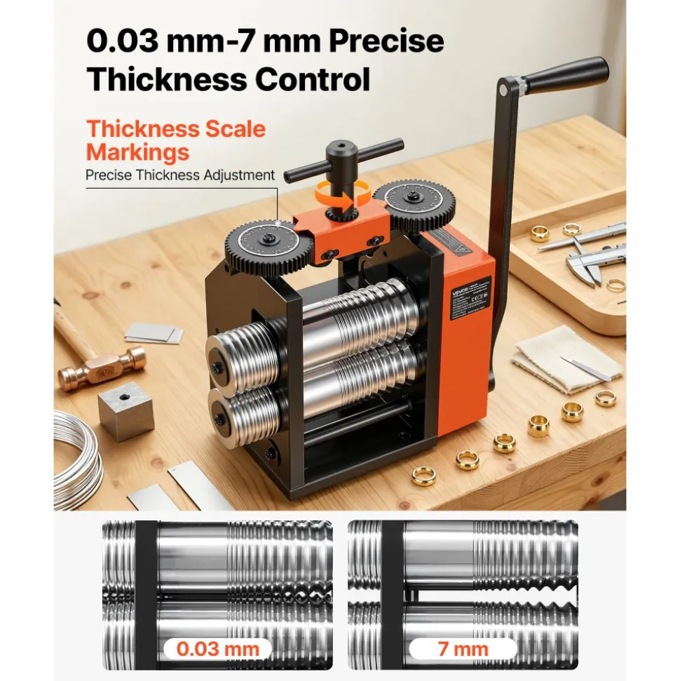VEVOR Rolling Mill 3-in-1 Round Flat Square Pressing Roller Mill Machine, Manual Jewelry DIY Tool, 0.03-7 mm Adjustable Thickness, Stable & Even Rolling, for Ductile Metals, Gold, Silver, Copper