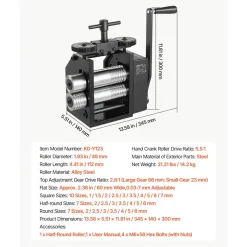 VEVOR Rolling Mill 4-in-1 Round Flat Square Half-Round Pressing Roller Mill, Manual Jewelry DIY Tool, 0.03-7 mm Adjustable Thickness, Stable & Even Rolling, for Ductile Metals, Gold, Silver, Copper