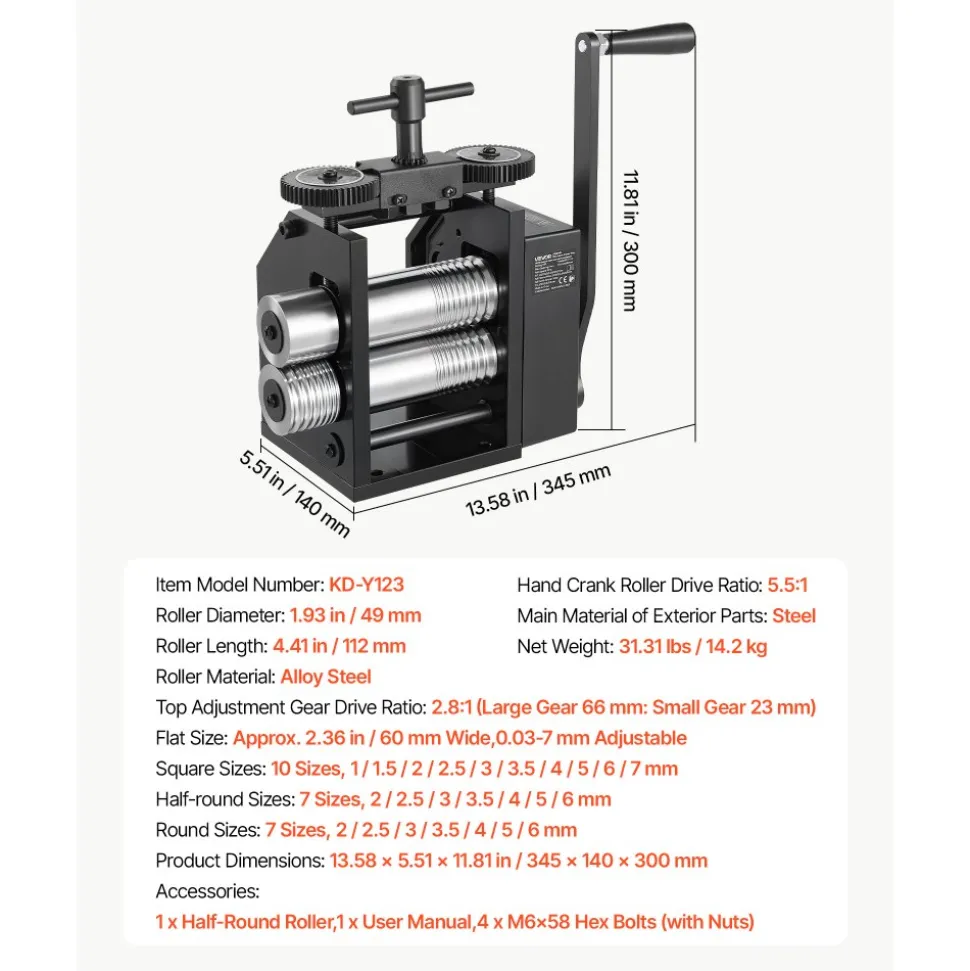 VEVOR Rolling Mill 4-in-1 Round Flat Square Half-Round Pressing Roller Mill, Manual Jewelry DIY Tool, 0.03-7 mm Adjustable Thickness, Stable & Even Rolling, for Ductile Metals, Gold, Silver, Copper