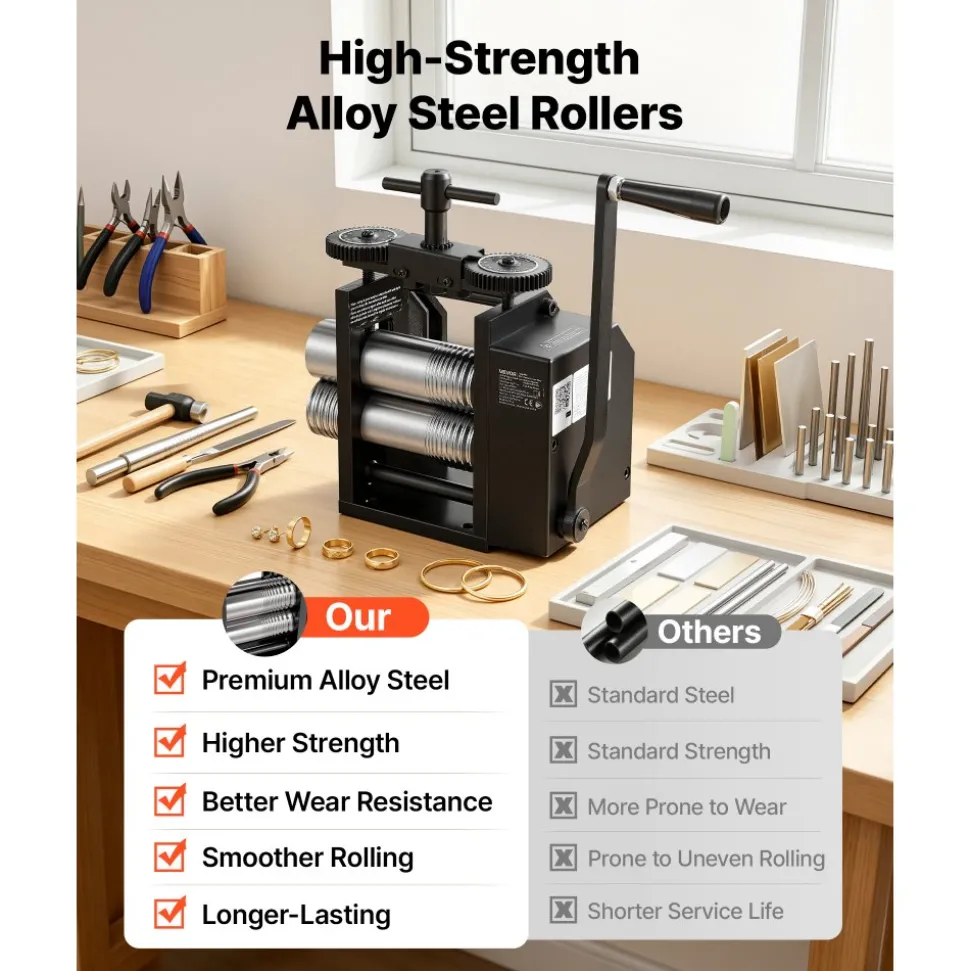 VEVOR Rolling Mill 4-in-1 Round Flat Square Half-Round Pressing Roller Mill, Manual Jewelry DIY Tool, 0.03-7 mm Adjustable Thickness, Stable & Even Rolling, for Ductile Metals, Gold, Silver, Copper