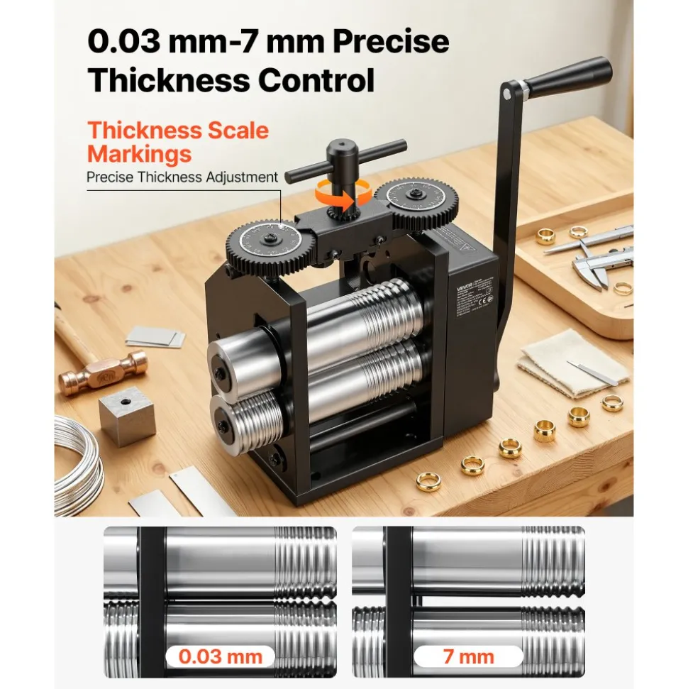 VEVOR Rolling Mill 4-in-1 Round Flat Square Half-Round Pressing Roller Mill, Manual Jewelry DIY Tool, 0.03-7 mm Adjustable Thickness, Stable & Even Rolling, for Ductile Metals, Gold, Silver, Copper