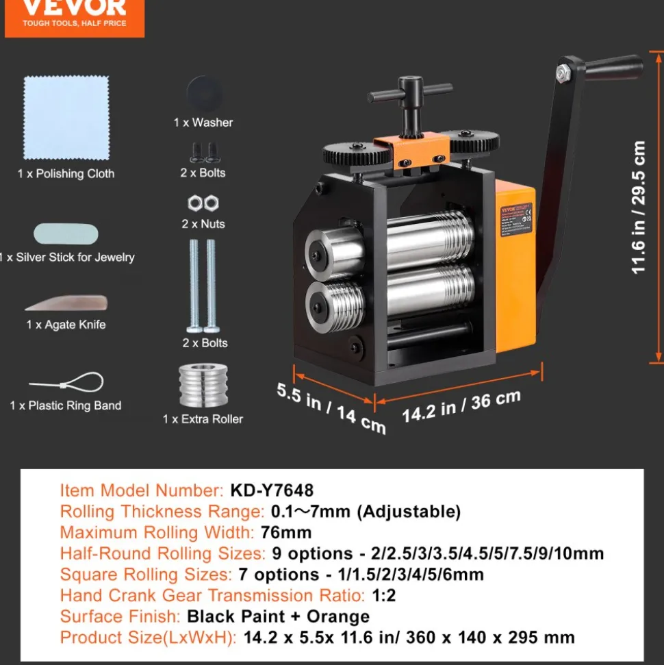 VEVOR Rolling Mill, 3"/76 mm Jewelry Rolling Mill Machine, 1: 2 Gear Ratio, 3-in-1 Multi-function Rolling Mill, 0.1-7mm Press Thickness for Metal Jewelry Making Sheet Square Wire Semicircle Pattern