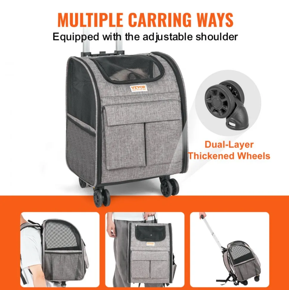 VEVOR Rolling Pet Carrier Backpack with Removable Wheels for Under 18LBS, Large Soft Sided Wheeled Dog Carrier Cat Travel Carrier Airline Approved for Small Dogs and Medium Cats with Upgraded Wheels