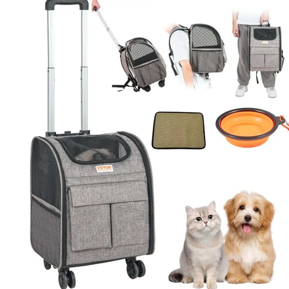 VEVOR Rolling Pet Carrier Backpack with Removable Wheels for Under 18LBS, Large Soft Sided Wheeled Dog Carrier Cat Travel Carrier Airline Approved for Small Dogs and Medium Cats with Upgraded Wheels