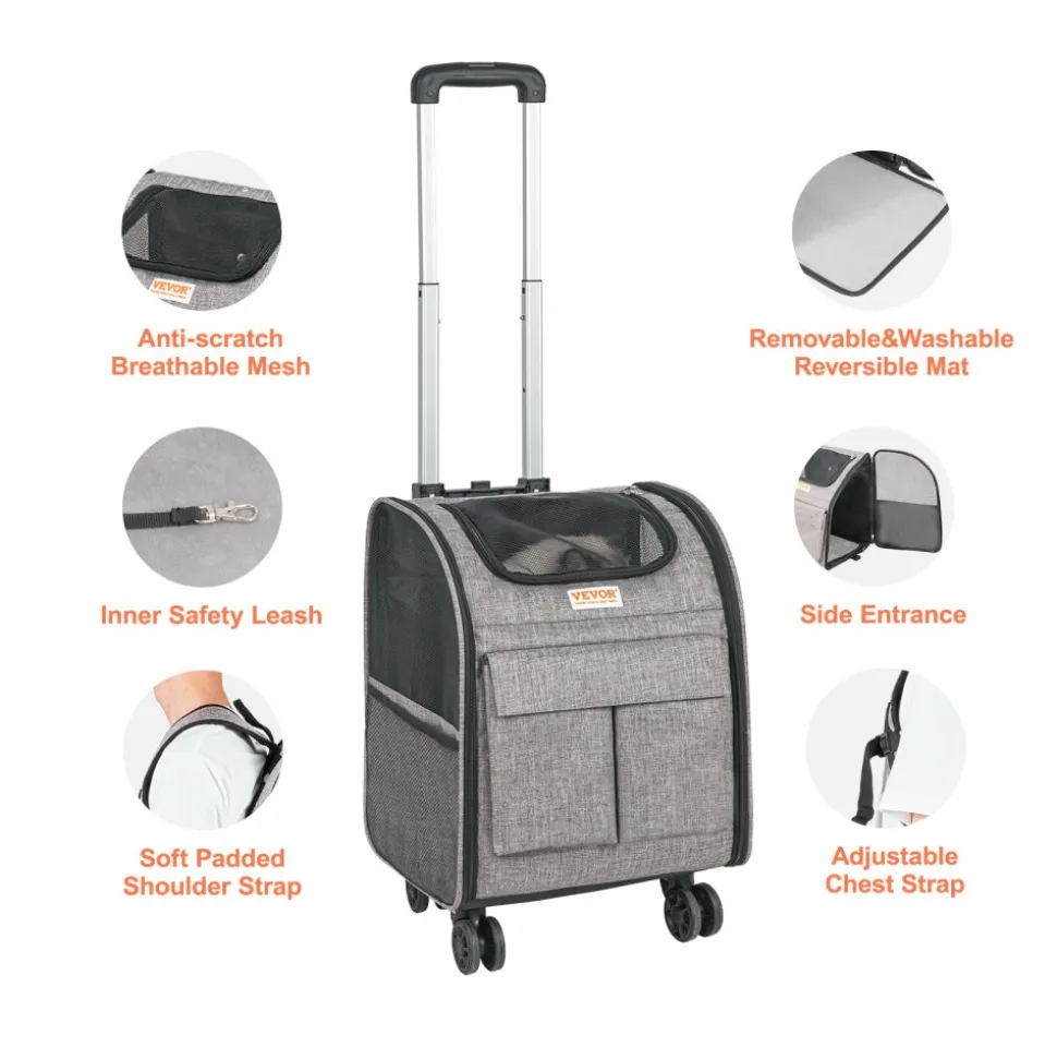 VEVOR Rolling Pet Carrier Backpack with Removable Wheels for Under 18LBS, Large Soft Sided Wheeled Dog Carrier Cat Travel Carrier Airline Approved for Small Dogs and Medium Cats with Upgraded Wheels