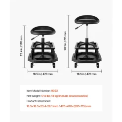 VEVOR Rolling Shop Stool, Pneumatic Garage Seat/Work Stool with 300 lbs Capacity, Adjustable Height Roller Creeper Seat, 360° Swivel Padded Workshop Stool with Casters, for Garage, Shop & Auto Repair