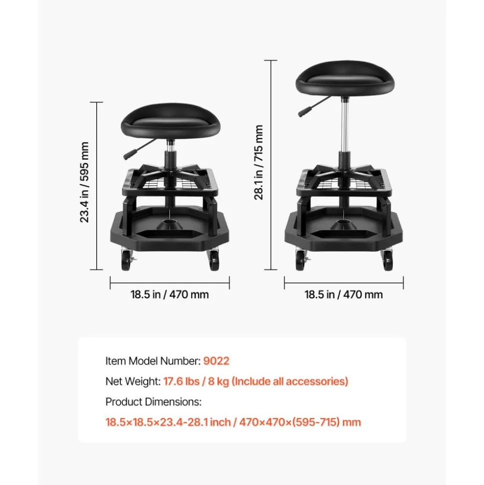 VEVOR Rolling Shop Stool, Pneumatic Garage Seat/Work Stool with 300 lbs Capacity, Adjustable Height Roller Creeper Seat, 360° Swivel Padded Workshop Stool with Casters, for Garage, Shop & Auto Repair