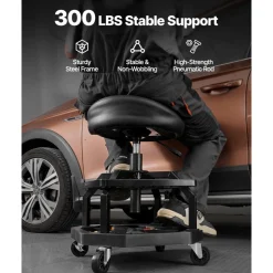VEVOR Rolling Shop Stool, Pneumatic Garage Seat/Work Stool with 300 lbs Capacity, Adjustable Height Roller Creeper Seat, 360° Swivel Padded Workshop Stool with Casters, for Garage, Shop & Auto Repair