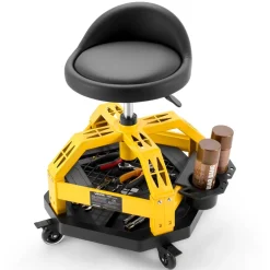 VEVOR Rolling Shop Stool with Wheels, 19.7"-25.6" Adjustable Height, 360° Swivel, 330 lbs Capacity, Garage Work Mechanic Stool with Backrest, Tool Tray Storage, Padded Seat Shop Chair, Black/Yellow