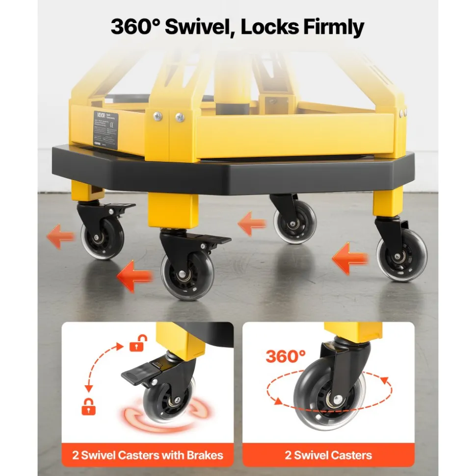 VEVOR Rolling Shop Stool with Wheels, 19.7"-25.6" Adjustable Height, 360° Swivel, 330 lbs Capacity, Garage Work Mechanic Stool with Backrest, Tool Tray Storage, Padded Seat Shop Chair, Black/Yellow