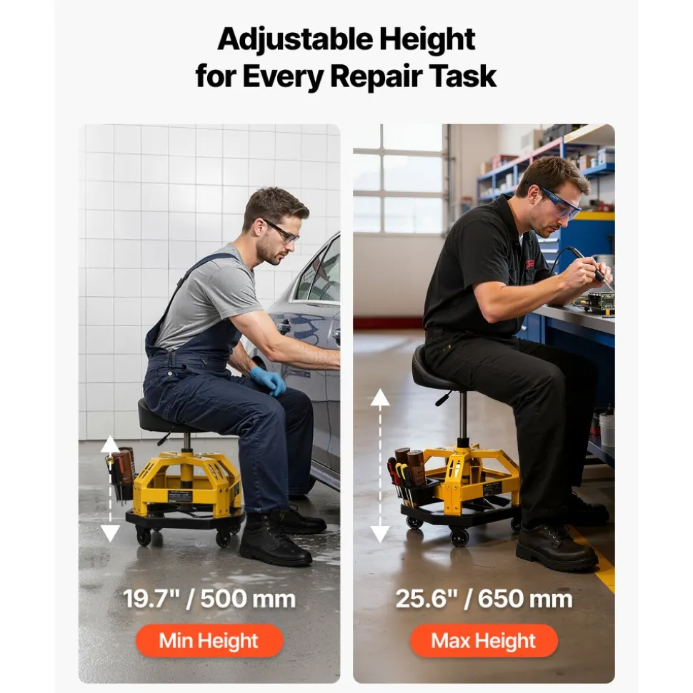 VEVOR Rolling Shop Stool with Wheels, 19.7"-25.6" Adjustable Height, 360° Swivel, 330 lbs Capacity, Garage Work Mechanic Stool with Backrest, Tool Tray Storage, Padded Seat Shop Chair, Black/Yellow