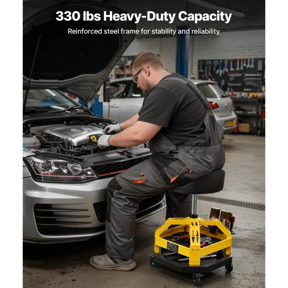 VEVOR Rolling Shop Stool with Wheels, 19.7"-25.6" Adjustable Height, 360° Swivel, 330 lbs Capacity, Garage Work Mechanic Stool with Backrest, Tool Tray Storage, Padded Seat Shop Chair, Black/Yellow