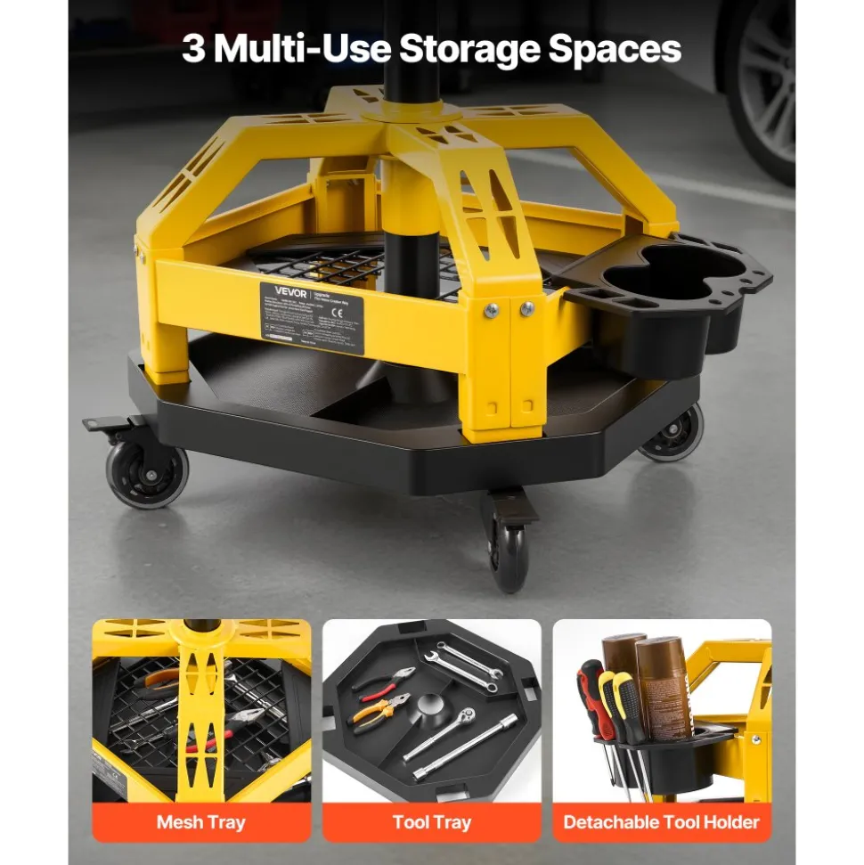 VEVOR Rolling Shop Stool with Wheels, 19.7"-25.6" Adjustable Height, 360° Swivel, 330 lbs Capacity, Garage Work Mechanic Stool with Backrest, Tool Tray Storage, Padded Seat Shop Chair, Black/Yellow