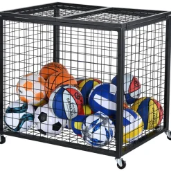 VEVOR Rolling Sports Ball Storage Cart, Basketball Cage with Double Lids, Sport Equipment Holder Organizer for Indoor Outdoor, Steel Storage Rack for Garages, Playgroup, Gym and Schools