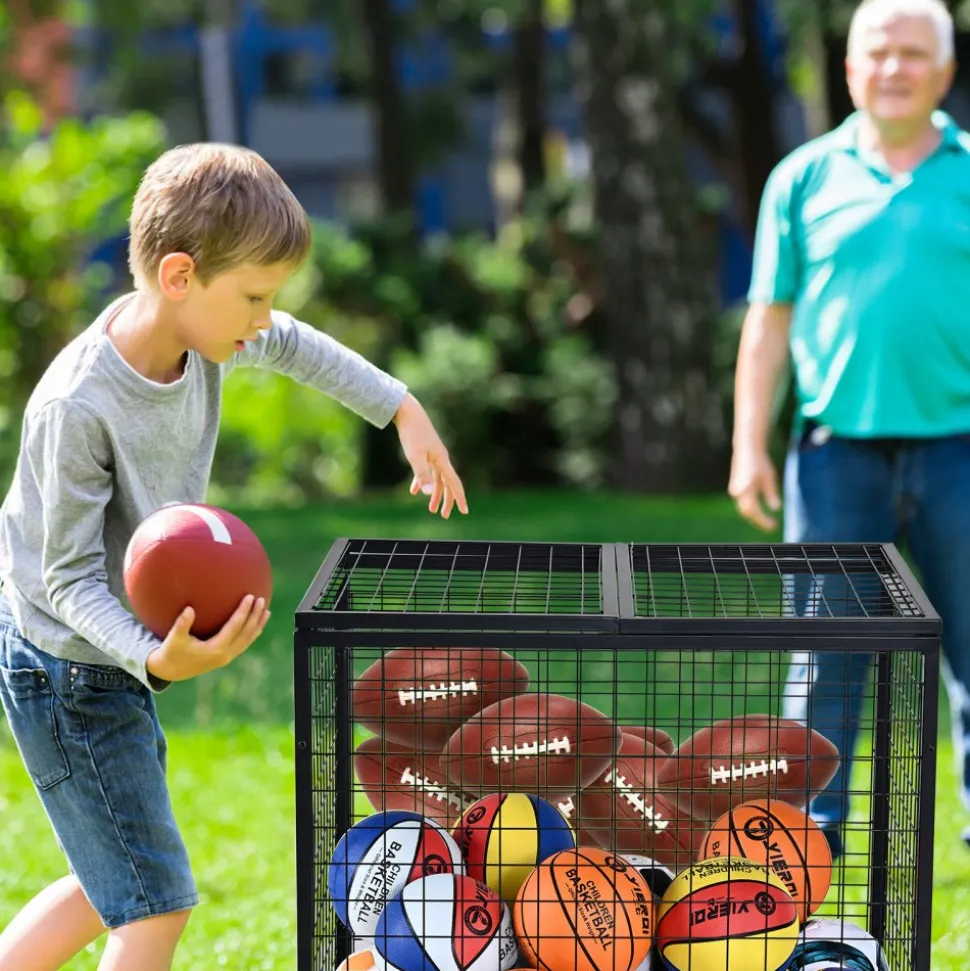 VEVOR Rolling Sports Ball Storage Cart, Basketball Cage with Double Lids, Sport Equipment Holder Organizer for Indoor Outdoor, Steel Storage Rack for Garages, Playgroup, Gym and Schools
