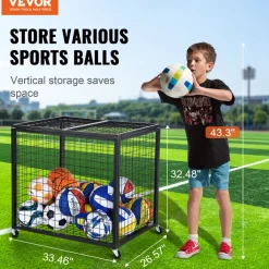 VEVOR Rolling Sports Ball Storage Cart, Basketball Cage with Double Lids, Sport Equipment Holder Organizer for Indoor Outdoor, Steel Storage Rack for Garages, Playgroup, Gym and Schools