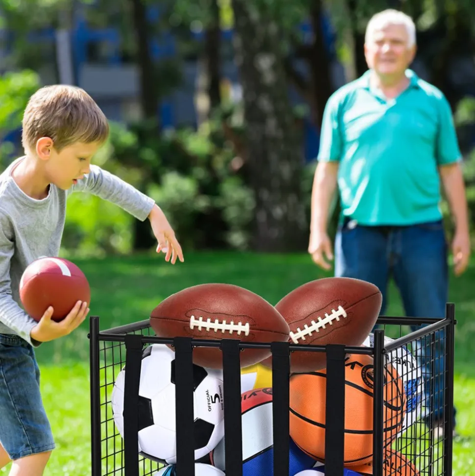 VEVOR Rolling Sports Ball Storage Cart, Lockable Basketball Cage with Double Lids, Sport Equipment Holder Organizer for Indoor Outdoor, Steel Storage Rack for Garages, Playgroup, Gym and Schools