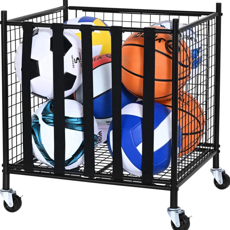 VEVOR Rolling Sports Ball Storage Cart, Lockable Basketball Cage with Double Lids, Sport Equipment Holder Organizer for Indoor Outdoor, Steel Storage Rack for Garages, Playgroup, Gym and Schools