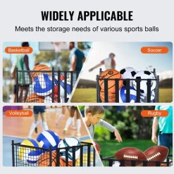 VEVOR Rolling Sports Ball Storage Cart, Lockable Basketball Cage with Double Lids, Sport Equipment Holder Organizer for Indoor Outdoor, Steel Storage Rack for Garages, Playgroup, Gym and Schools