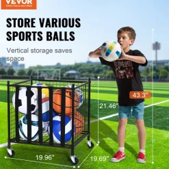 VEVOR Rolling Sports Ball Storage Cart, Lockable Basketball Cage with Double Lids, Sport Equipment Holder Organizer for Indoor Outdoor, Steel Storage Rack for Garages, Playgroup, Gym and Schools