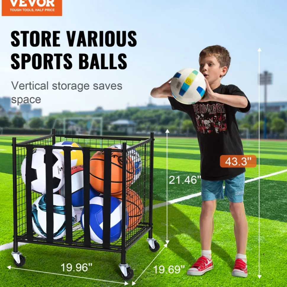 VEVOR Rolling Sports Ball Storage Cart, Lockable Basketball Cage with Double Lids, Sport Equipment Holder Organizer for Indoor Outdoor, Steel Storage Rack for Garages, Playgroup, Gym and Schools