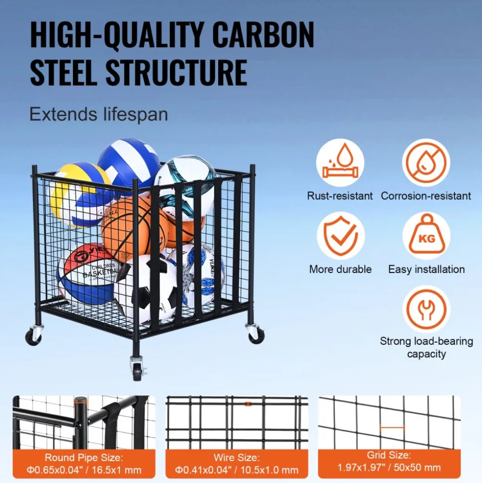 VEVOR Rolling Sports Ball Storage Cart, Lockable Basketball Cage with Double Lids, Sport Equipment Holder Organizer for Indoor Outdoor, Steel Storage Rack for Garages, Playgroup, Gym and Schools