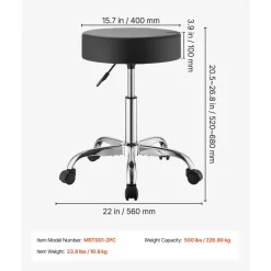 VEVOR Rolling Stools with Wheels, Set of 2, 500 lbs Weight Capacity, Height Adjustable, Thick Cushion Ergonomic PU Leather Seat, 360° Swivel Round Rolling Stool Chair for Salon, Spa, Clinic, Black