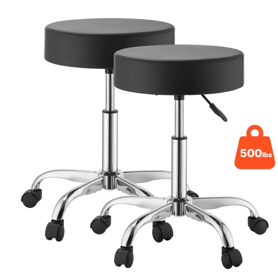 VEVOR Rolling Stools with Wheels, Set of 2, 500 lbs Weight Capacity, Height Adjustable, Thick Cushion Ergonomic PU Leather Seat, 360° Swivel Round Rolling Stool Chair for Salon, Spa, Clinic, Black