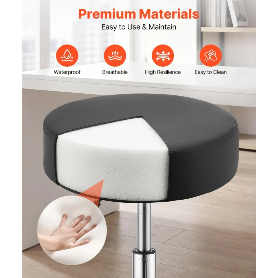 VEVOR Rolling Stools with Wheels, Set of 2, 500 lbs Weight Capacity, Height Adjustable, Thick Cushion Ergonomic PU Leather Seat, 360° Swivel Round Rolling Stool Chair for Salon, Spa, Clinic, Black
