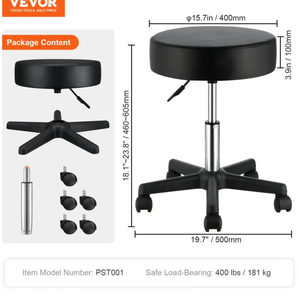 VEVOR Rolling Stools with Wheels, 400 LBS Weight Capacity Adjustable Height Stool with Ultra-Thick Seat Cushion, Swivel Stools Chair for Salon, Bar, Home, Office, Tatoo, Medical, Massage, Black