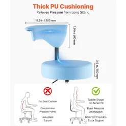 VEVOR Rolling Stool with Back Support, 500 lbs Weight Capacity, Height Adjustable, Thick Cushion Ergonomic PU Leather Seat, 360° Swivel Round Rolling Stool Chair for Dental, Salon, Clinic, Blue