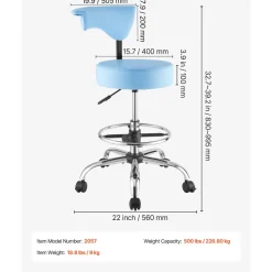VEVOR Rolling Stool with Back Support, 500 lbs Weight Capacity, Height Adjustable, Thick Cushion Ergonomic PU Leather Seat, 360° Swivel Round Rolling Stool Chair for Dental, Salon, Clinic, Blue