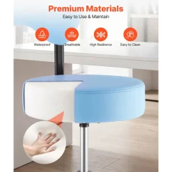 VEVOR Rolling Stool with Back Support, 500 lbs Weight Capacity, Height Adjustable, Thick Cushion Ergonomic PU Leather Seat, 360° Swivel Round Rolling Stool Chair for Dental, Salon, Clinic, Blue