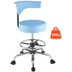 VEVOR Rolling Stool with Back Support, 500 lbs Weight Capacity, Height Adjustable, Thick Cushion Ergonomic PU Leather Seat, 360° Swivel Round Rolling Stool Chair for Dental, Salon, Clinic, Blue