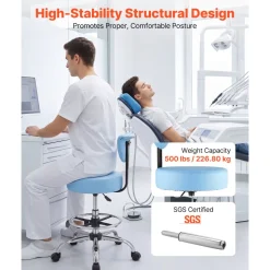 VEVOR Rolling Stool with Back Support, 500 lbs Weight Capacity, Height Adjustable, Thick Cushion Ergonomic PU Leather Seat, 360° Swivel Round Rolling Stool Chair for Dental, Salon, Clinic, Blue
