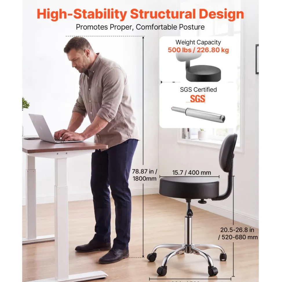 VEVOR Rolling Stool with Back Support, 500 lbs Weight Capacity, Height Adjustable, Thick Cushion Ergonomic PU Leather Seat, 360° Swivel Round Rolling Stool Chair for Salon, Clinic, Medical, Black