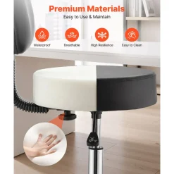 VEVOR Rolling Stool with Back Support, 500 lbs Weight Capacity, Height Adjustable, Thick Cushion Ergonomic PU Leather Seat, 360° Swivel Round Rolling Stool Chair for Salon, Clinic, Medical, Black