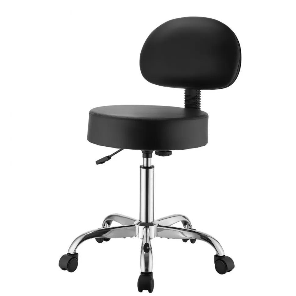 VEVOR Rolling Stool with Back Support, 500 lbs Weight Capacity, Height Adjustable, Thick Cushion Ergonomic PU Leather Seat, 360° Swivel Round Rolling Stool Chair for Salon, Clinic, Medical, Black