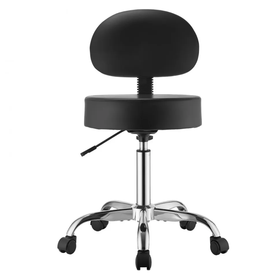 VEVOR Rolling Stool with Back Support, 500 lbs Weight Capacity, Height Adjustable, Thick Cushion Ergonomic PU Leather Seat, 360° Swivel Round Rolling Stool Chair for Salon, Clinic, Medical, Black