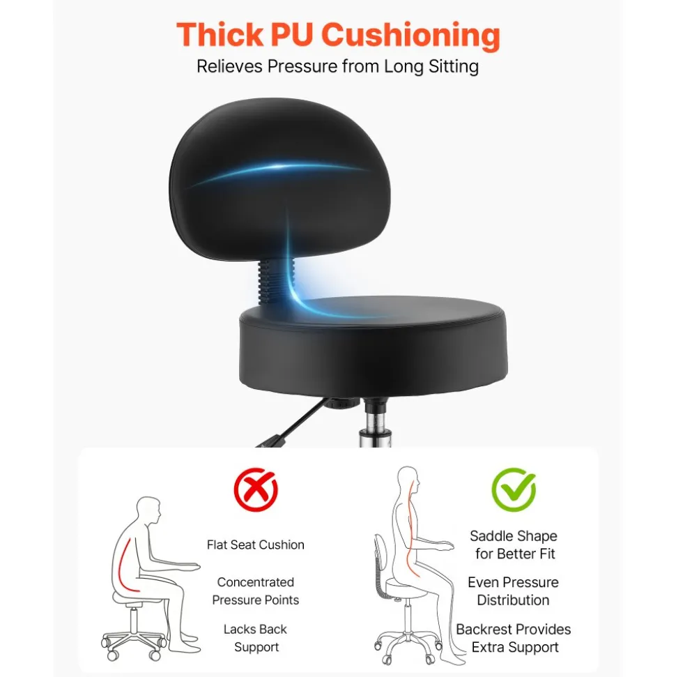 VEVOR Rolling Stool with Back Support, 500 lbs Weight Capacity, Height Adjustable, Thick Cushion Ergonomic PU Leather Seat, 360° Swivel Round Rolling Stool Chair for Salon, Clinic, Medical, Black