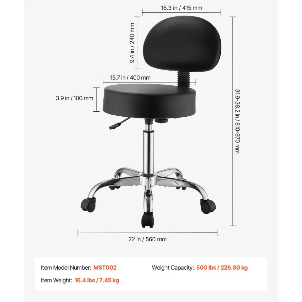 VEVOR Rolling Stool with Back Support, 500 lbs Weight Capacity, Height Adjustable, Thick Cushion Ergonomic PU Leather Seat, 360° Swivel Round Rolling Stool Chair for Salon, Clinic, Medical, Black