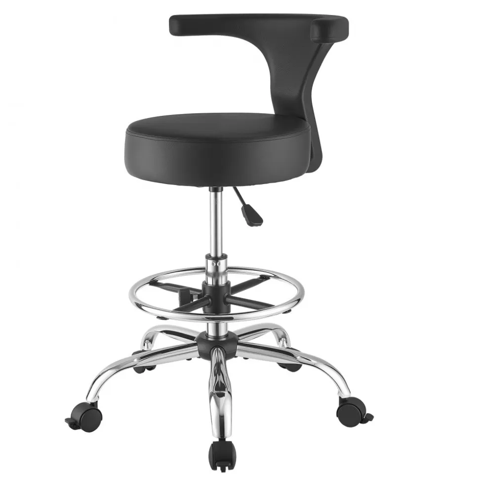 VEVOR Rolling Stool with Back Support, 500 lbs Weight Capacity, Height Adjustable, Thick Cushion Ergonomic PU Leather Seat, 360° Swivel Round Rolling Stool Chair for Dental, Salon, Clinic, Black