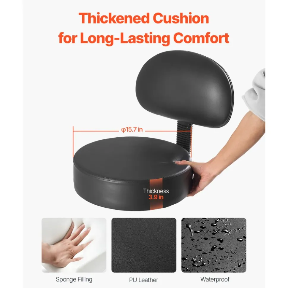 VEVOR Rolling Stool with Back Support and Wheels, 450 LBS Weight Capacity Round Rolling Stool Chair, Height Adjustable Thickened PU Leather Swivel Stool for Salon, Spa, Massage, Tattoo, Clinic, Black